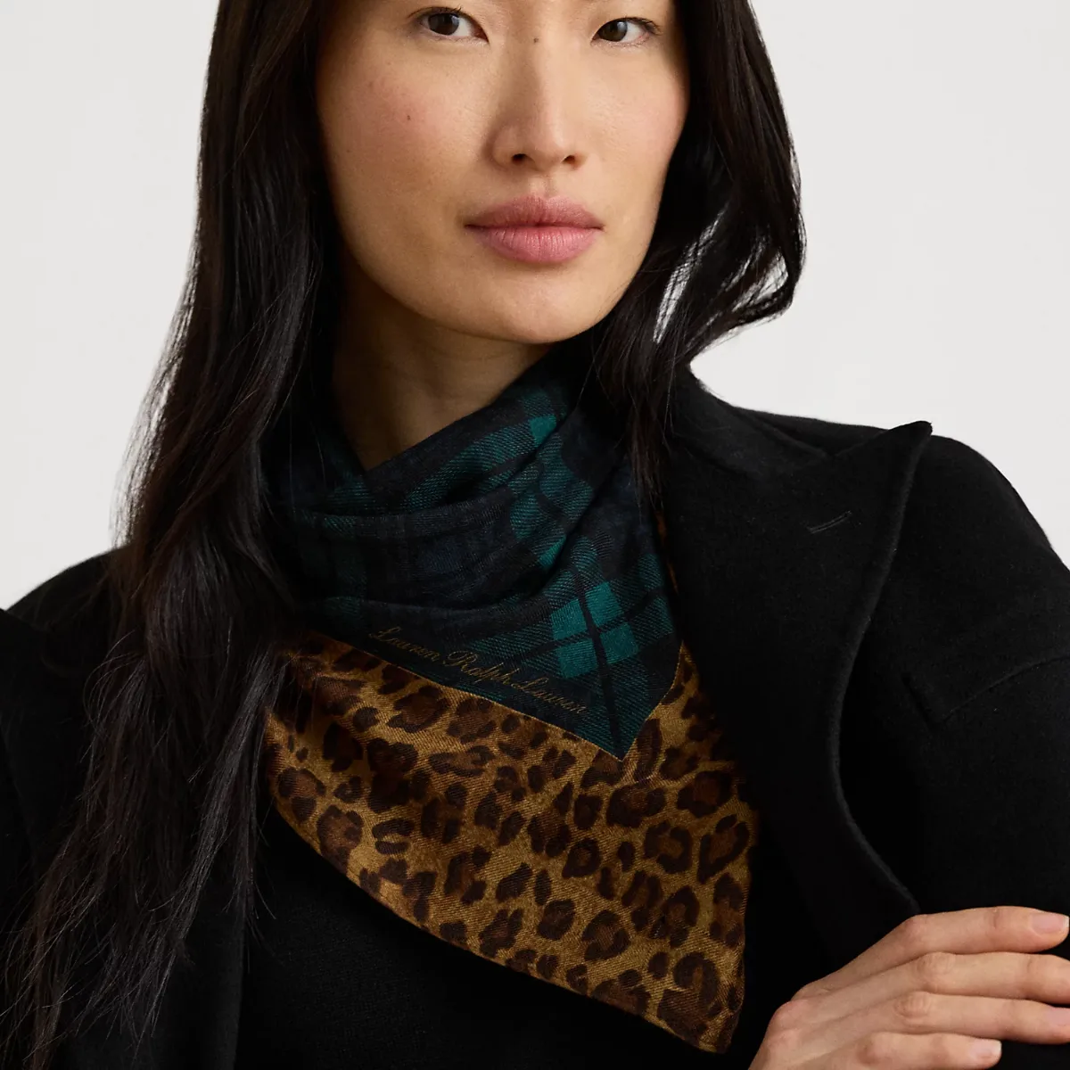 Plaid & Ocelot-Print Wool-Silk Scarf by Ralph Lauren