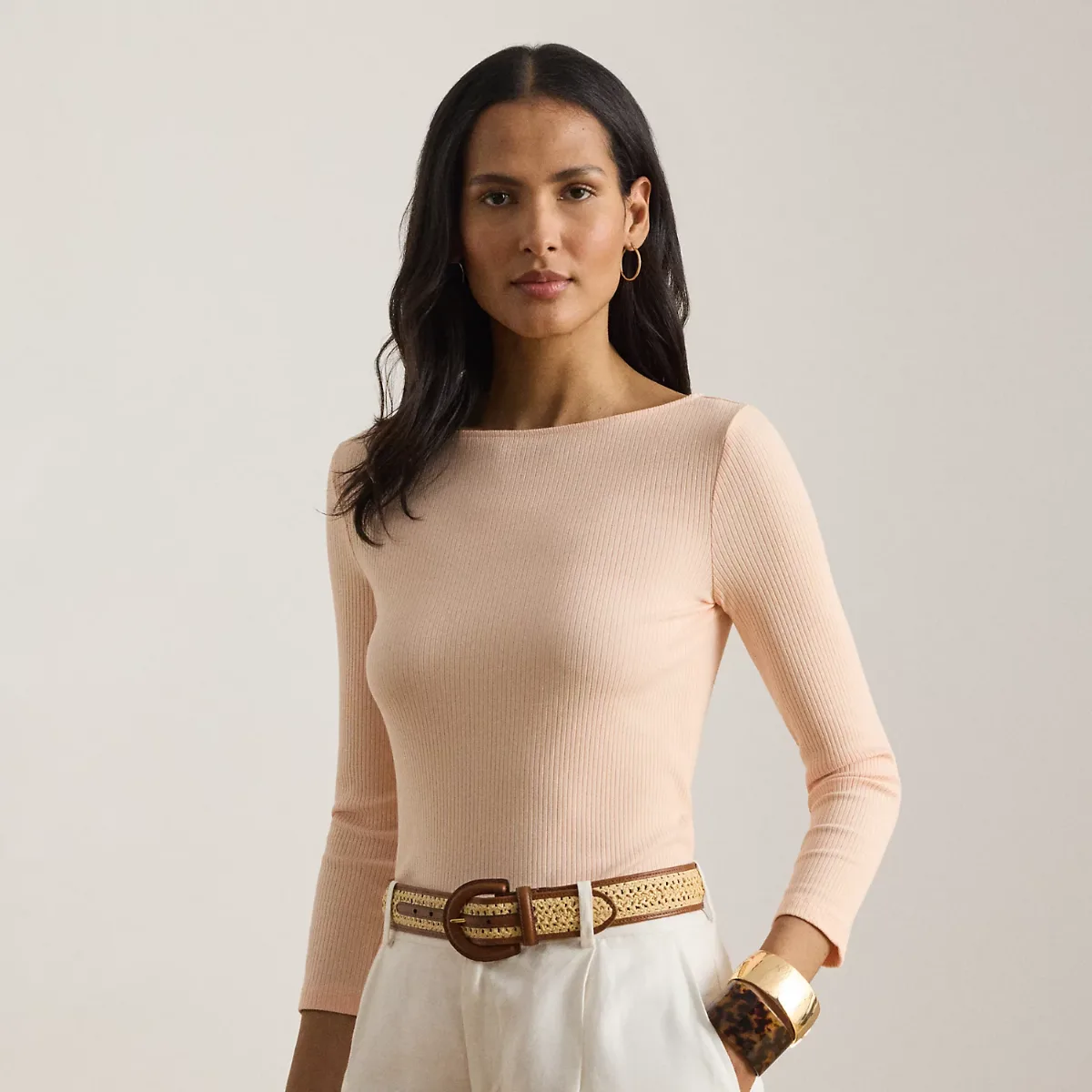Rib-Knit Cotton-Blend Boatneck Tee by Ralph Lauren