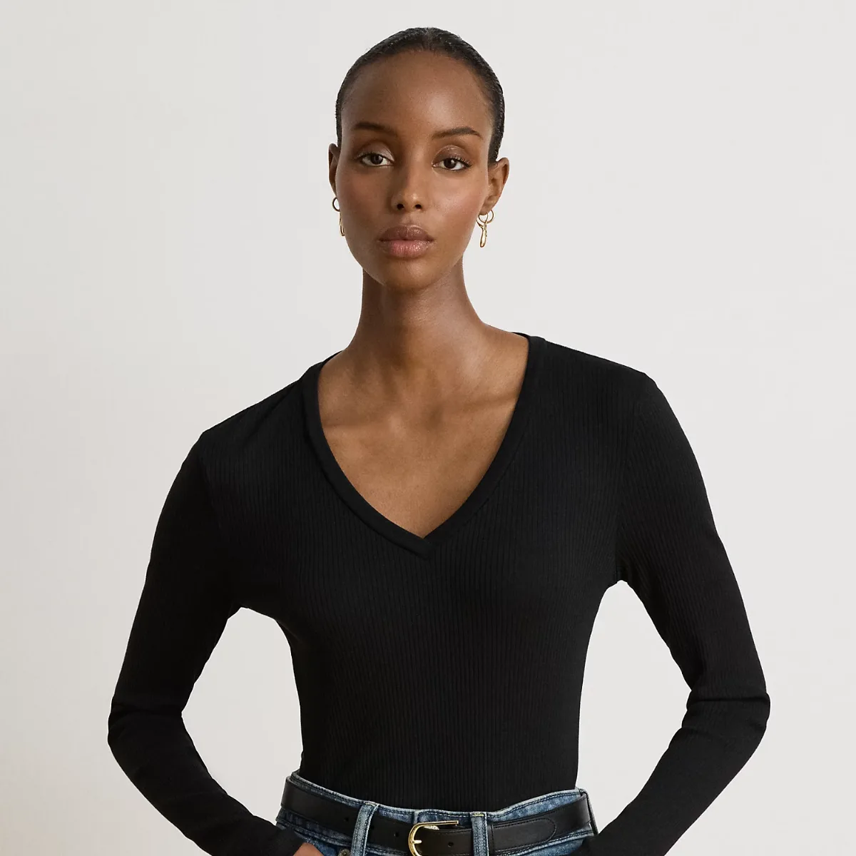 Rib-Knit Long-Sleeve V-Neck Top by Ralph Lauren