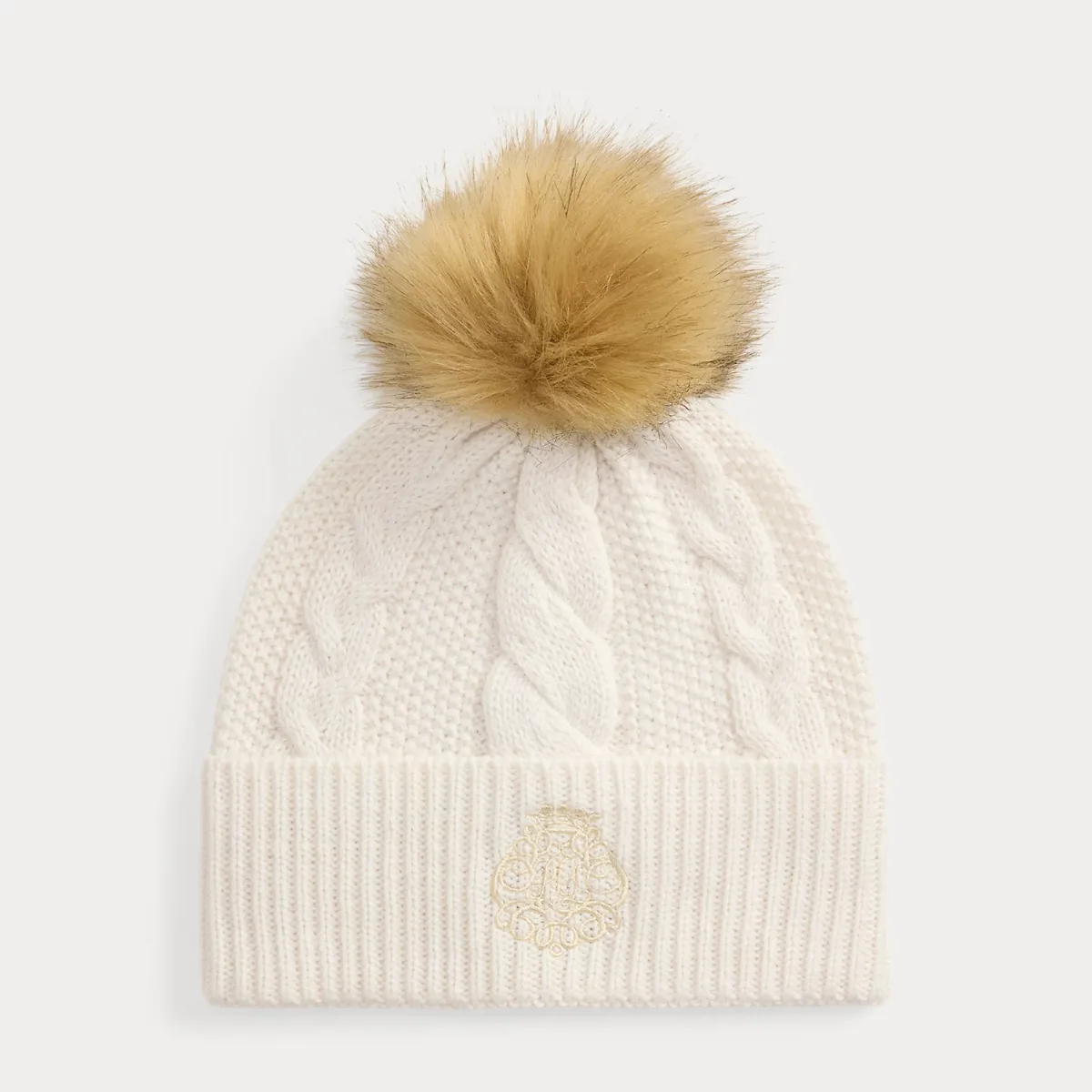 Embroidered-Crest Pom-Pom Cable Beanie by Ralph Lauren
