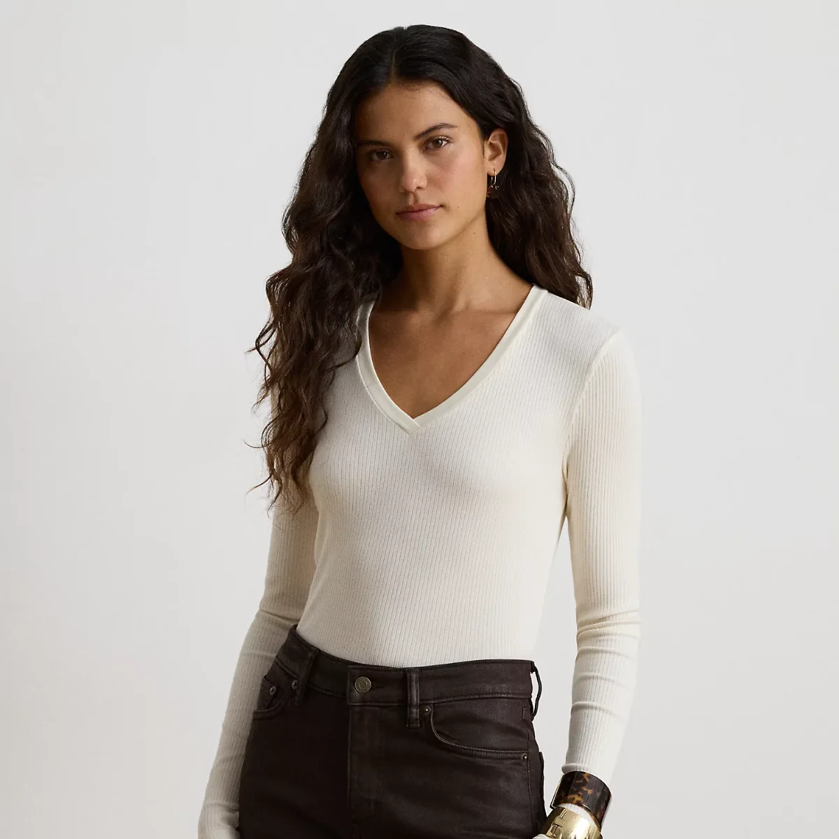 Rib-Knit Long-Sleeve V-Neck Top by Ralph Lauren
