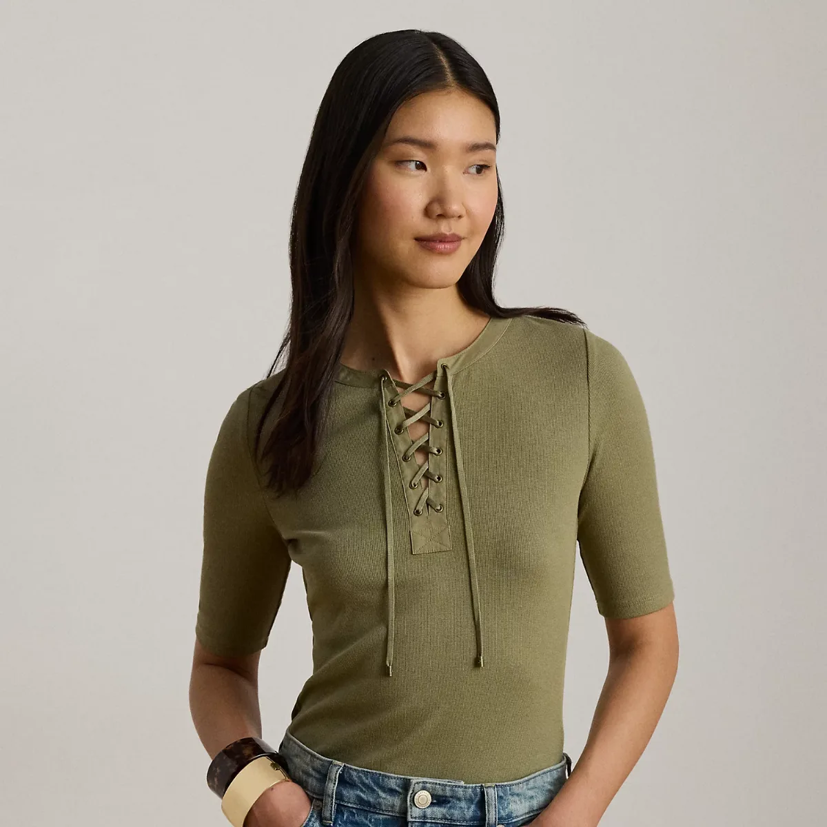 Lace-Up Ribbed Elbow-Sleeve Tee by Ralph Lauren