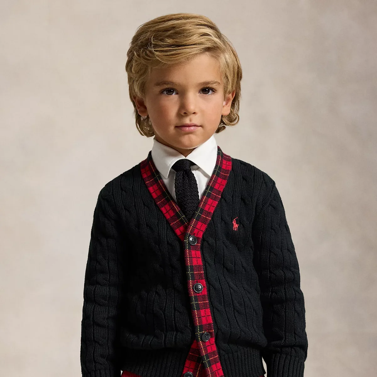 Plaid-Trim Cable Cotton Cardigan by Ralph Lauren