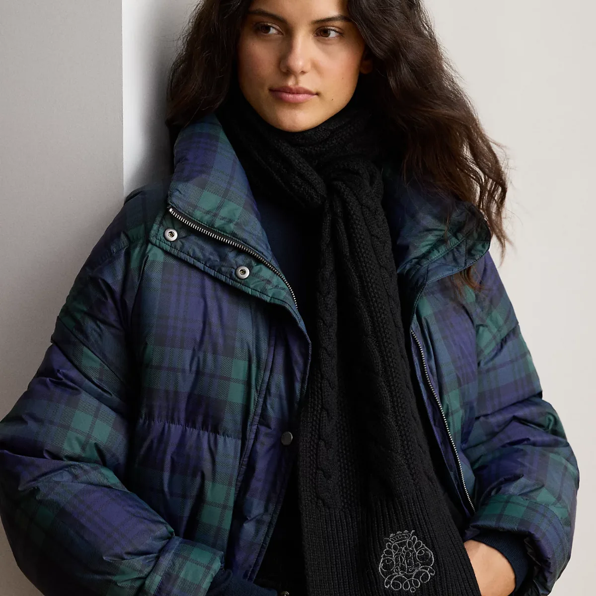 Embroidered-Crest Cable-Knit Scarf by Ralph Lauren