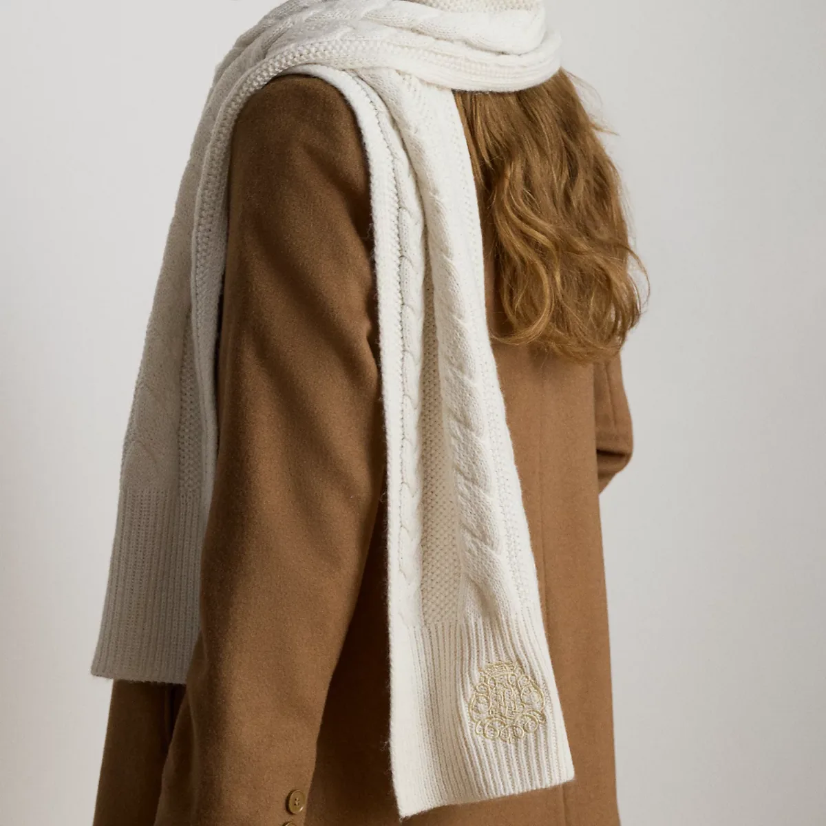 Embroidered-Crest Cable-Knit Scarf