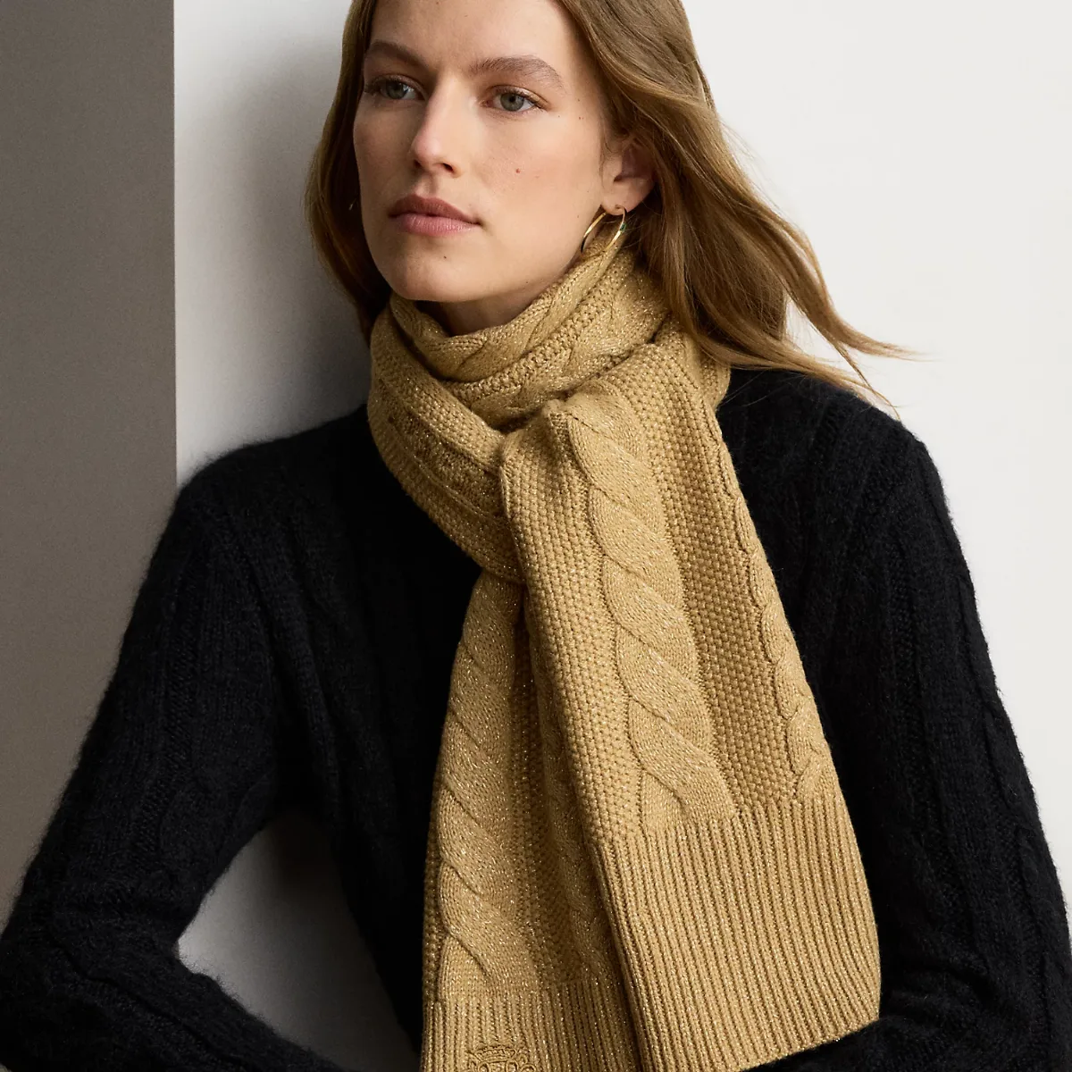 Embroidered-Crest Metallic Cable Scarf by Ralph Lauren