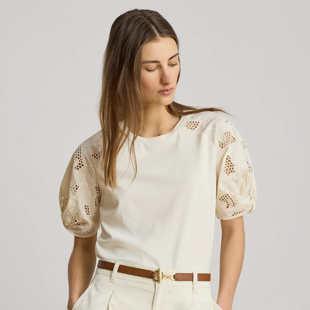 Eyelet-Bubble-Sleeve Cotton Top by Ralph Lauren