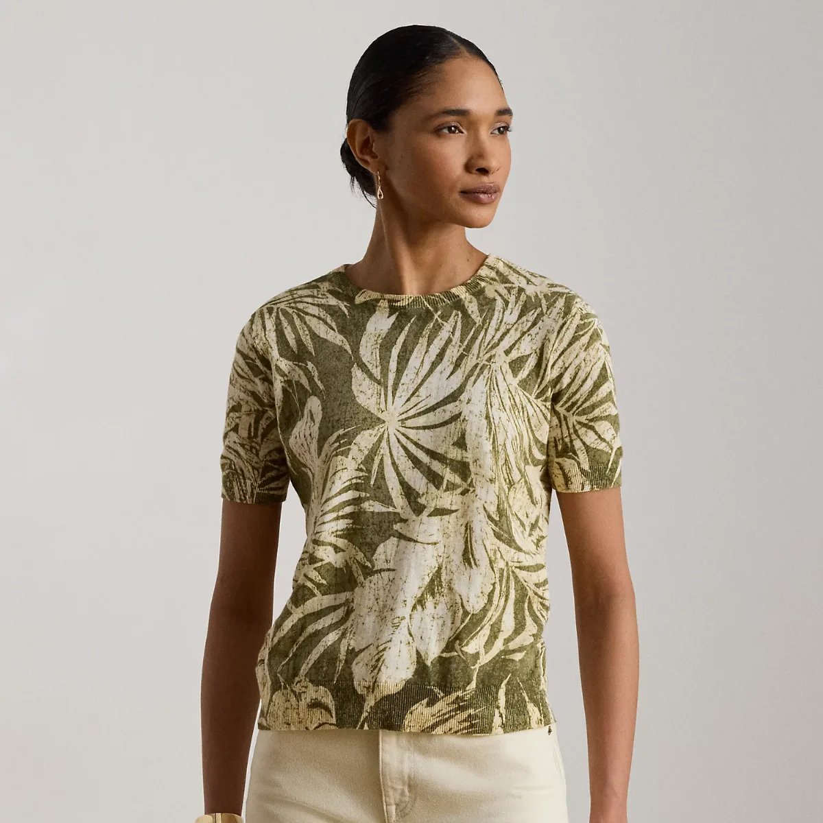 Palm-Frond-Print Short-Sleeve Sweater by Ralph Lauren