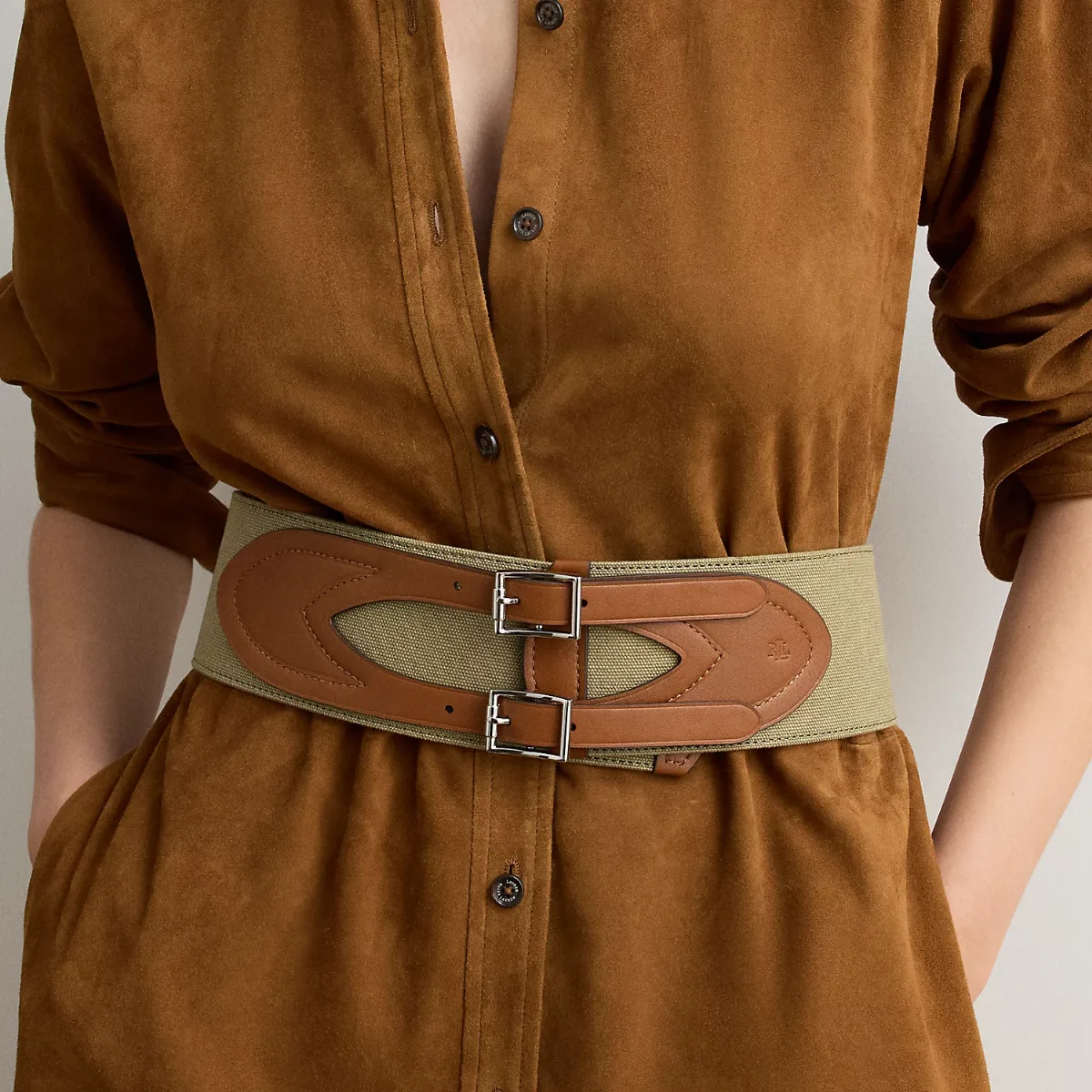 Canvas & Leather Double-Buckle Wide Belt by Ralph Lauren
