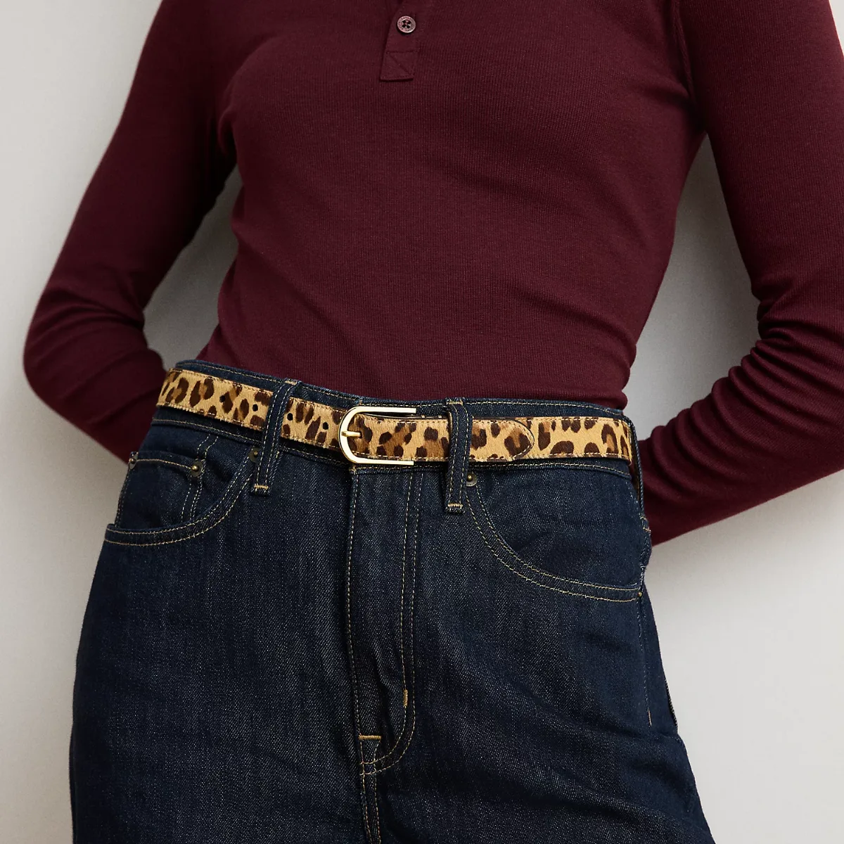 Rounded-Buckle Leopard-Print Skinny Belt