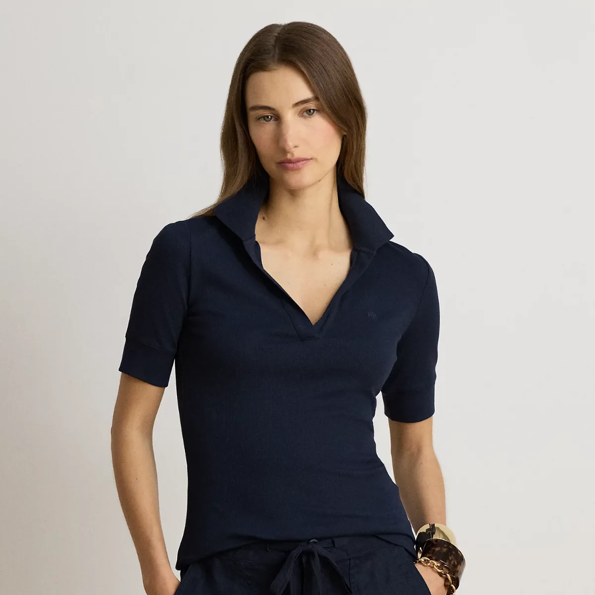 Jersey Elbow-Sleeve Collared Top by Ralph Lauren