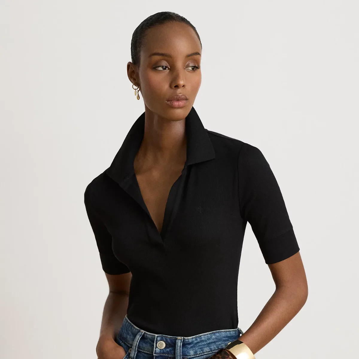 Jersey Elbow-Sleeve Collared Top
