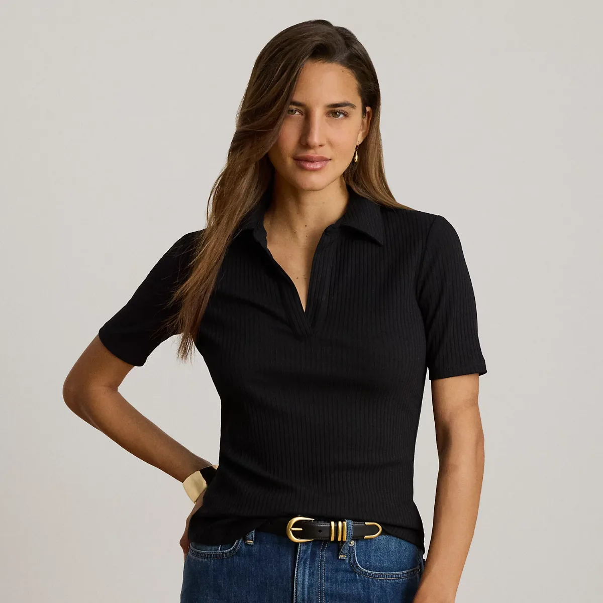 Rib-Knit Elbow-Sleeve Polo Tee