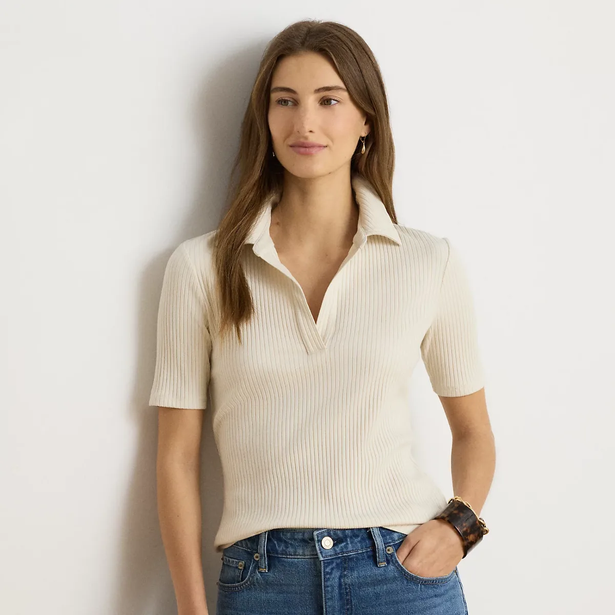 Rib-Knit Elbow-Sleeve Polo Tee