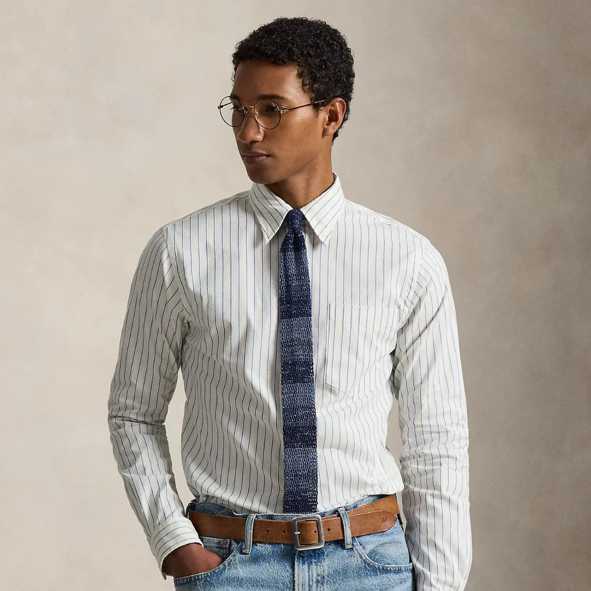 Custom Fit Striped Woven Shirt in Cream Blue Dobby by Ralph Lauren