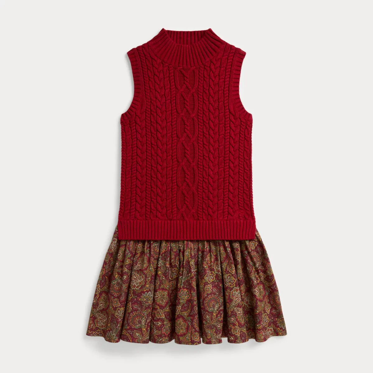 Twill-Skirt Aran-Knit Cotton Dress by Ralph Lauren
