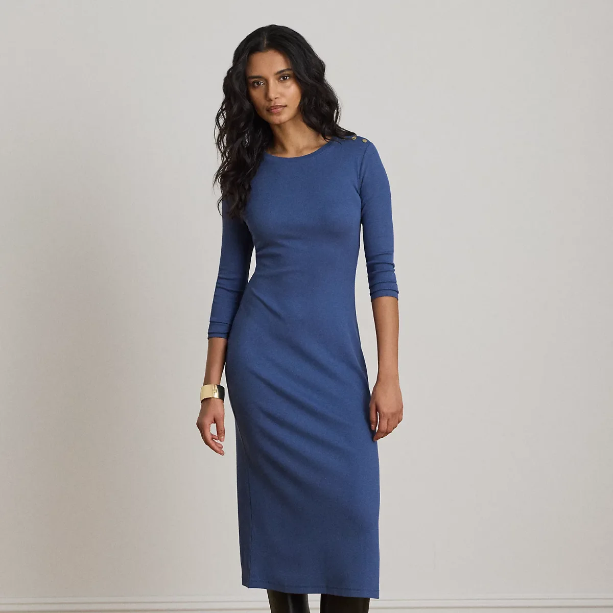 Button-Trim Rib-Knit Midi Dress by Ralph Lauren