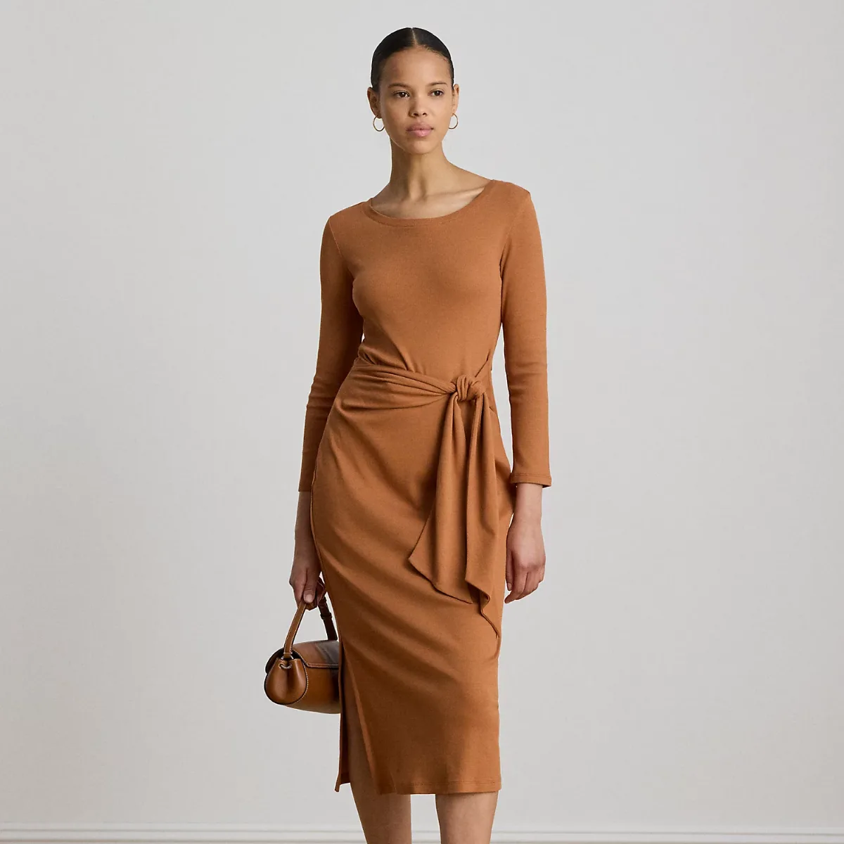 Tie-Front Cotton-Blend Crewneck Dress
