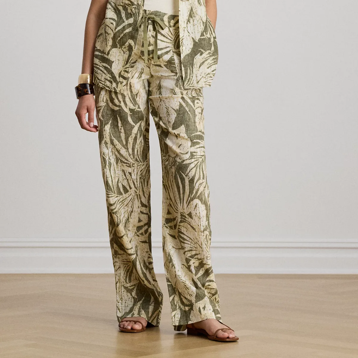 Palm-Frond-Print Linen Wide-Leg Pant by Ralph Lauren