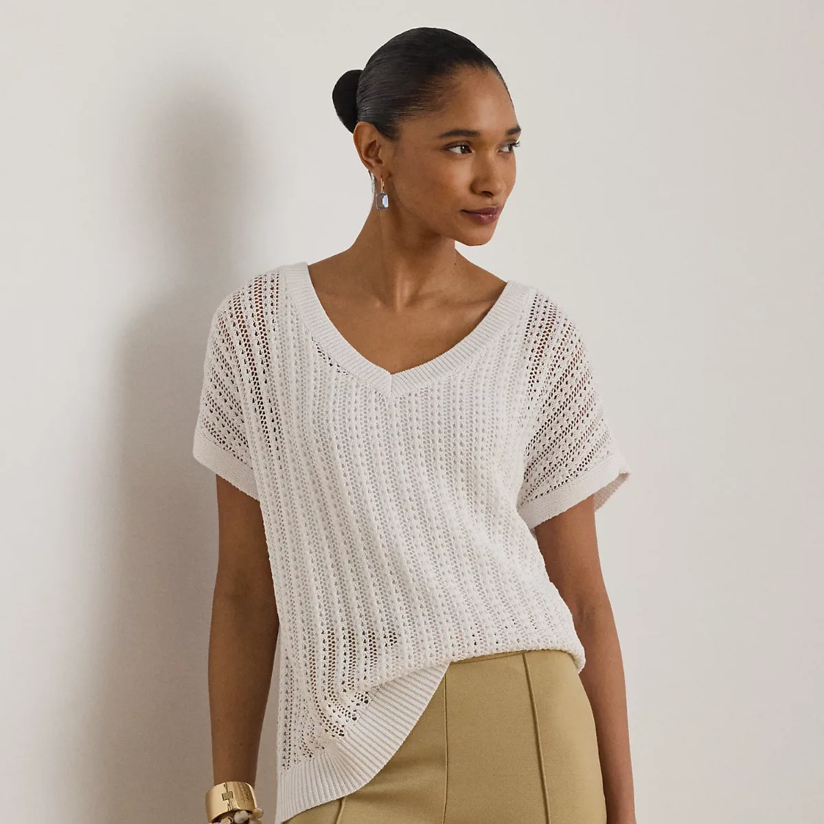 Cotton-Blend Mesh Short-Sleeve Sweater by Ralph Lauren
