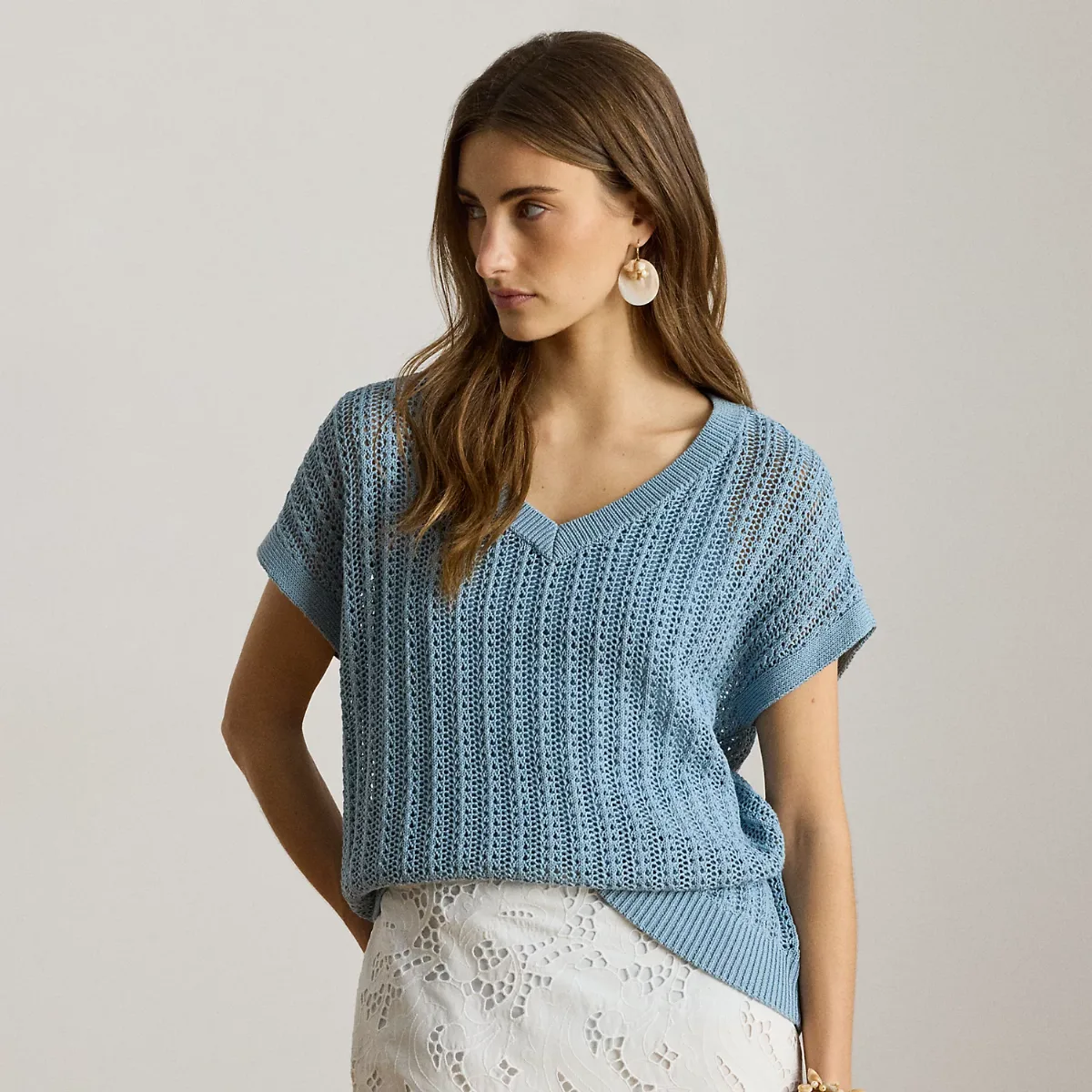 Cotton-Blend Mesh Short-Sleeve Sweater by Ralph Lauren