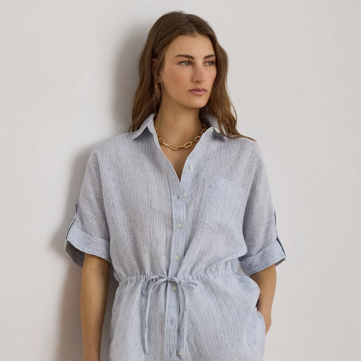 Striped Linen Roll-Tab-Sleeve Tunic by Ralph Lauren