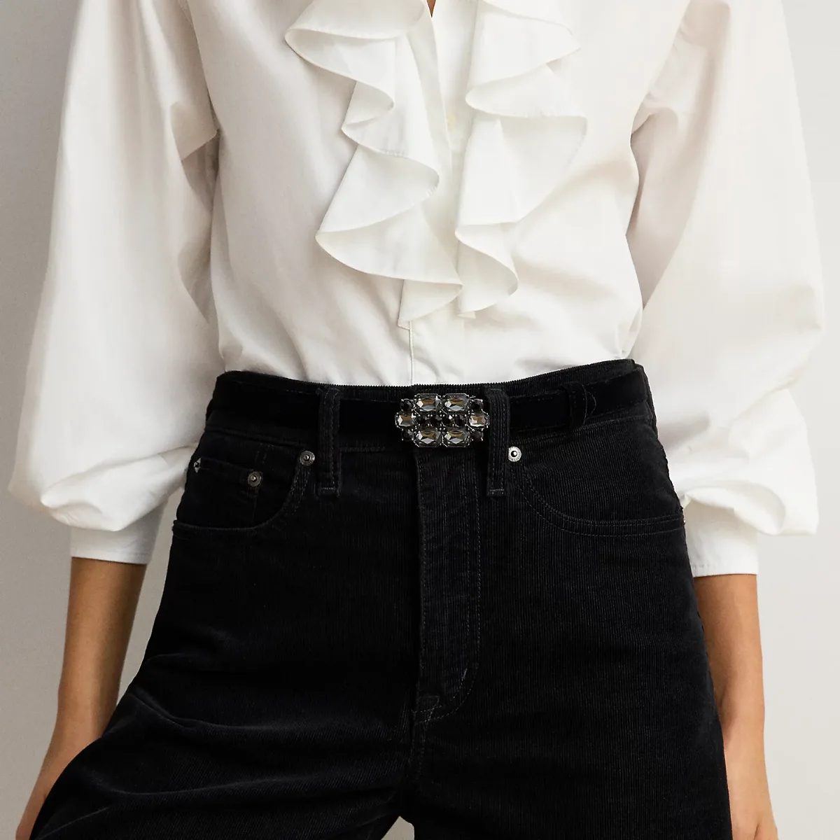 Stone-Buckle Velvet Skinny Belt
