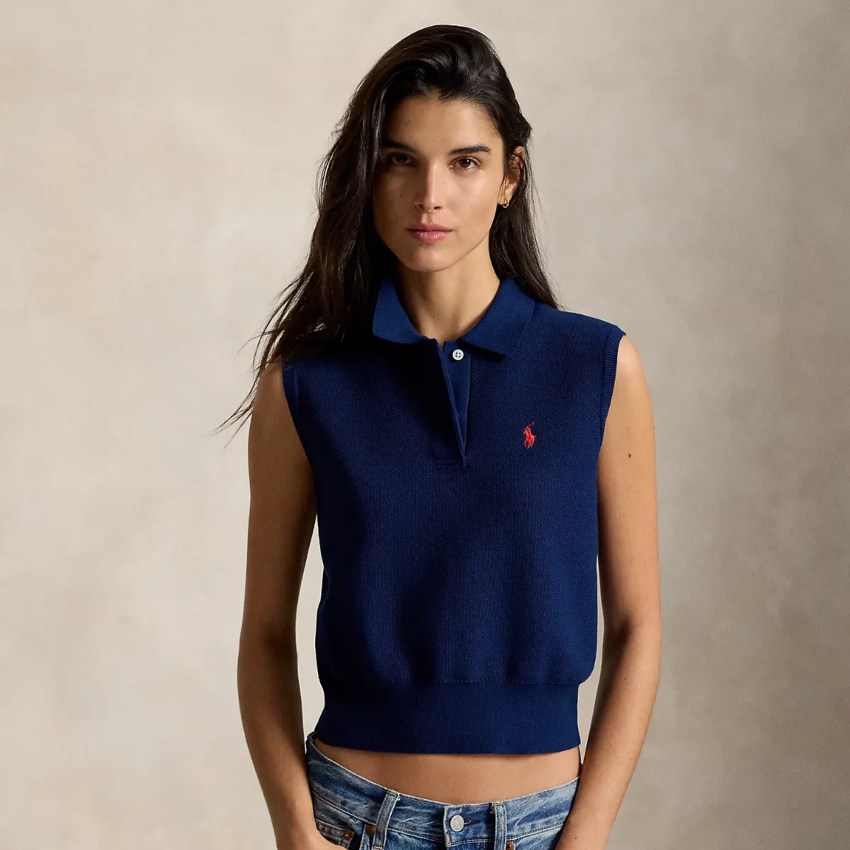 Cotton Cropped Sleeveless Polo Sweater by Ralph Lauren