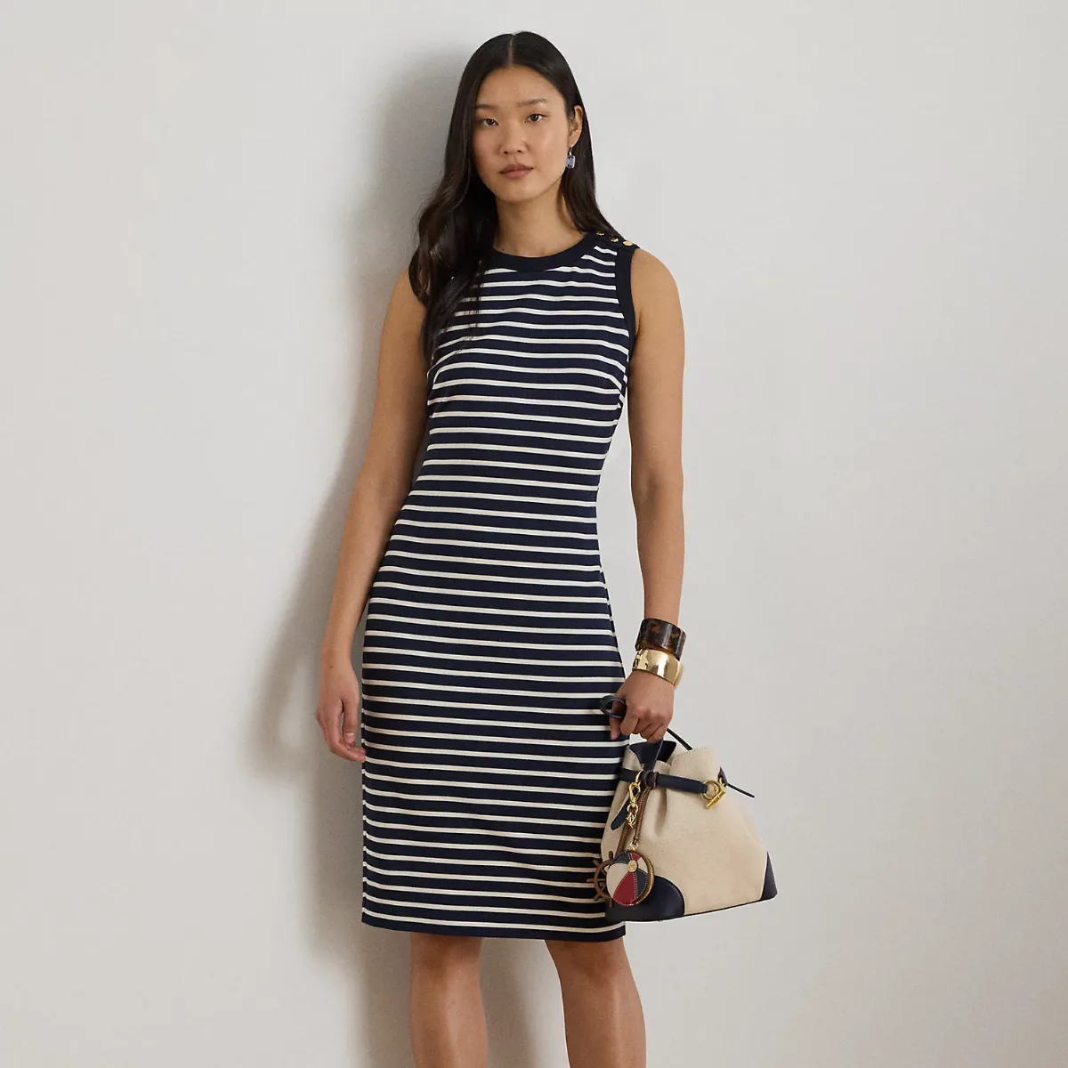 Striped Snap-Trim Ponte Sheath Dress by Ralph Lauren