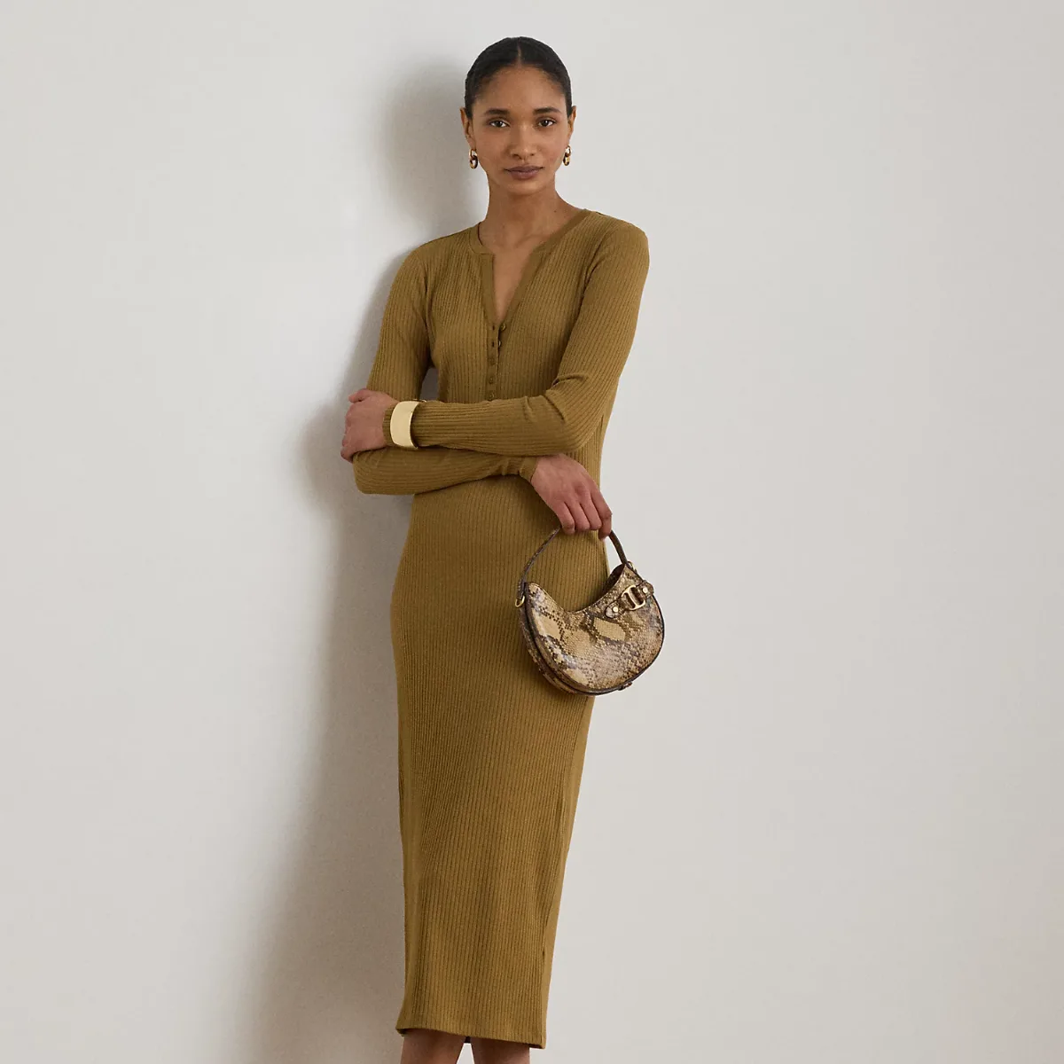 Rib-Knit Henley Midi Dress