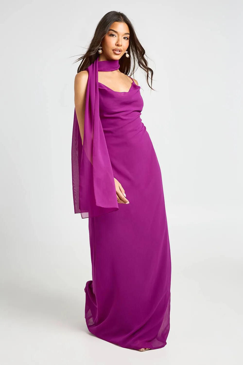 Chiffon Cowl Neck Maxi Dress with Scarf by boohoo