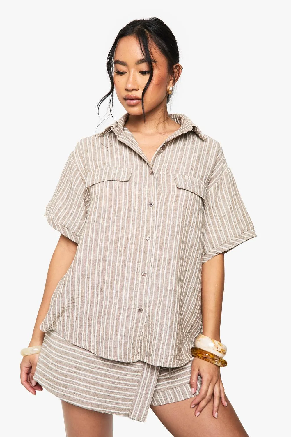 Woven Linen Look Striped Short Sleeve Shirt by boohoo