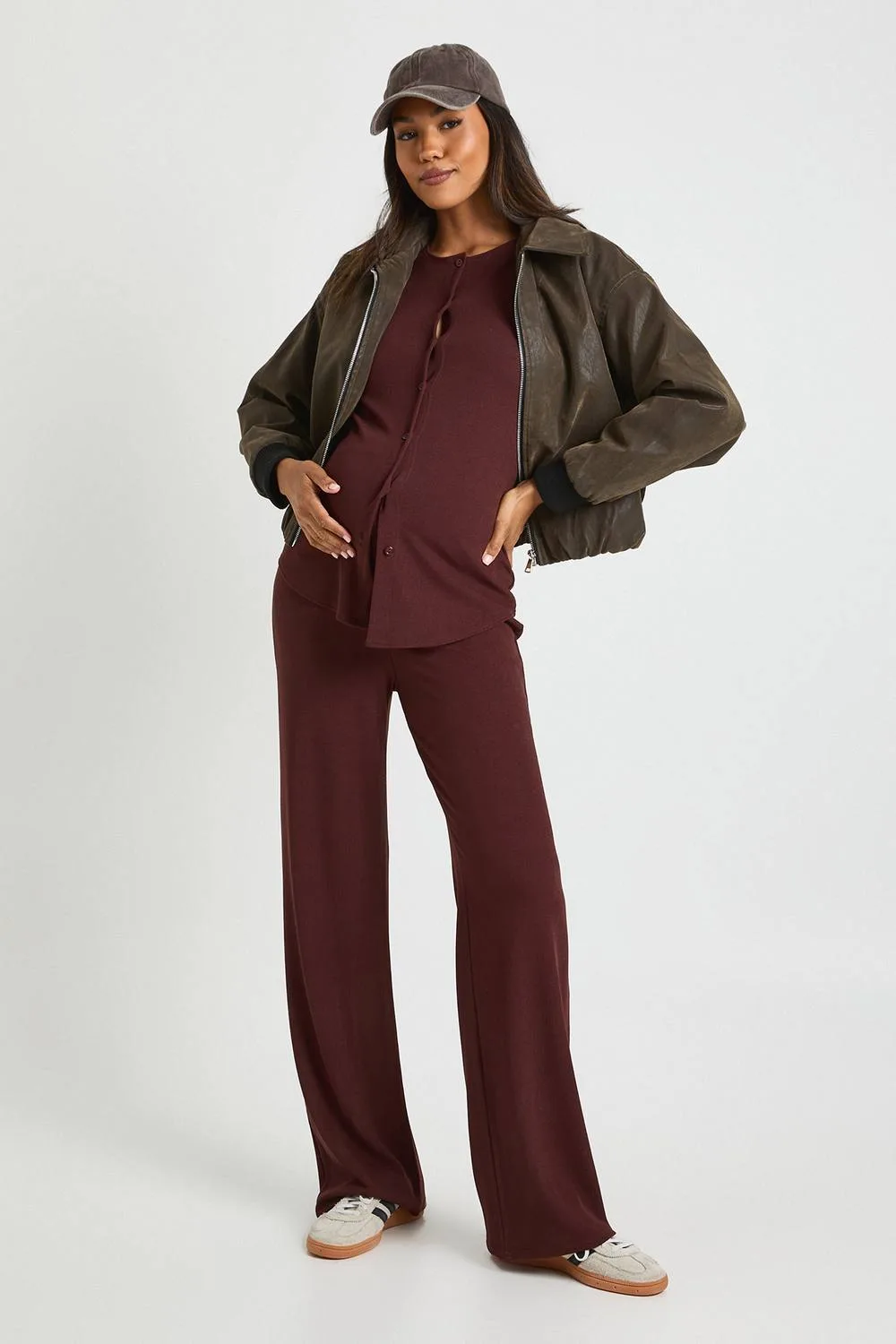 Maternity Soft Knit Button Cardigan & Wide Leg Trouser by boohoo
