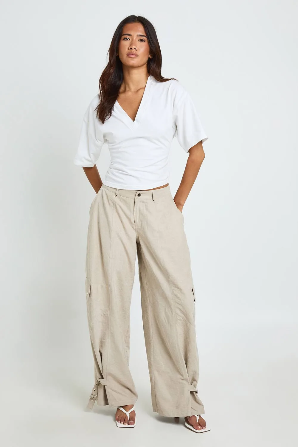 Buckle Hem Detail Trousers - Stone by boohoo