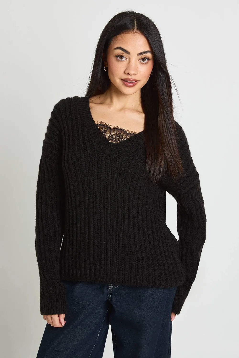 Lace Insert V Neck Rib Knit Jumper by boohoo