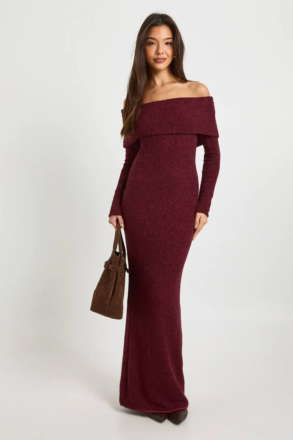 Textured Deep Bardot Maxi Dress