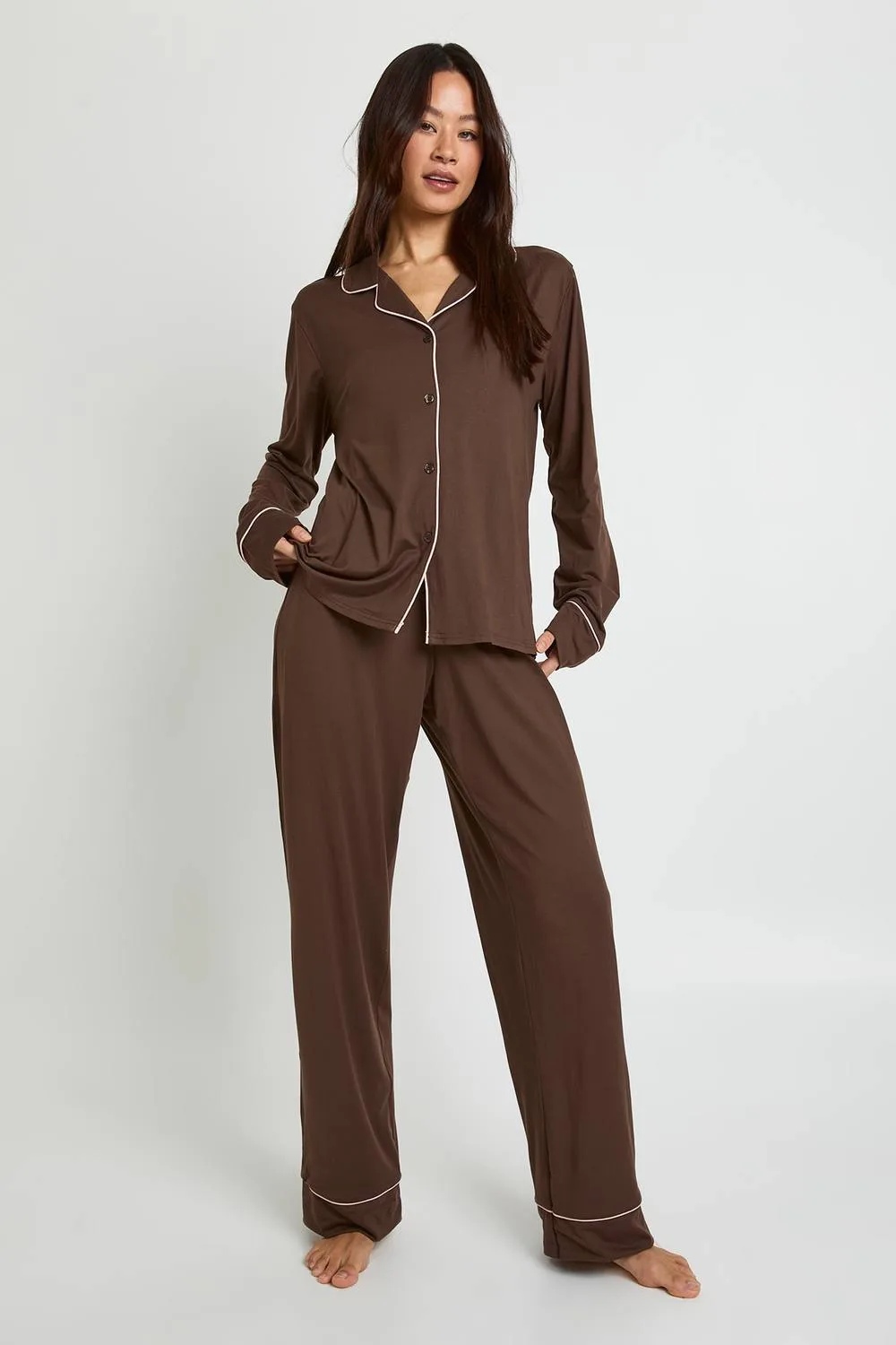 Tall Jersey Piping Detail Long Sleeve Shirt & Trouser Pyjama Set