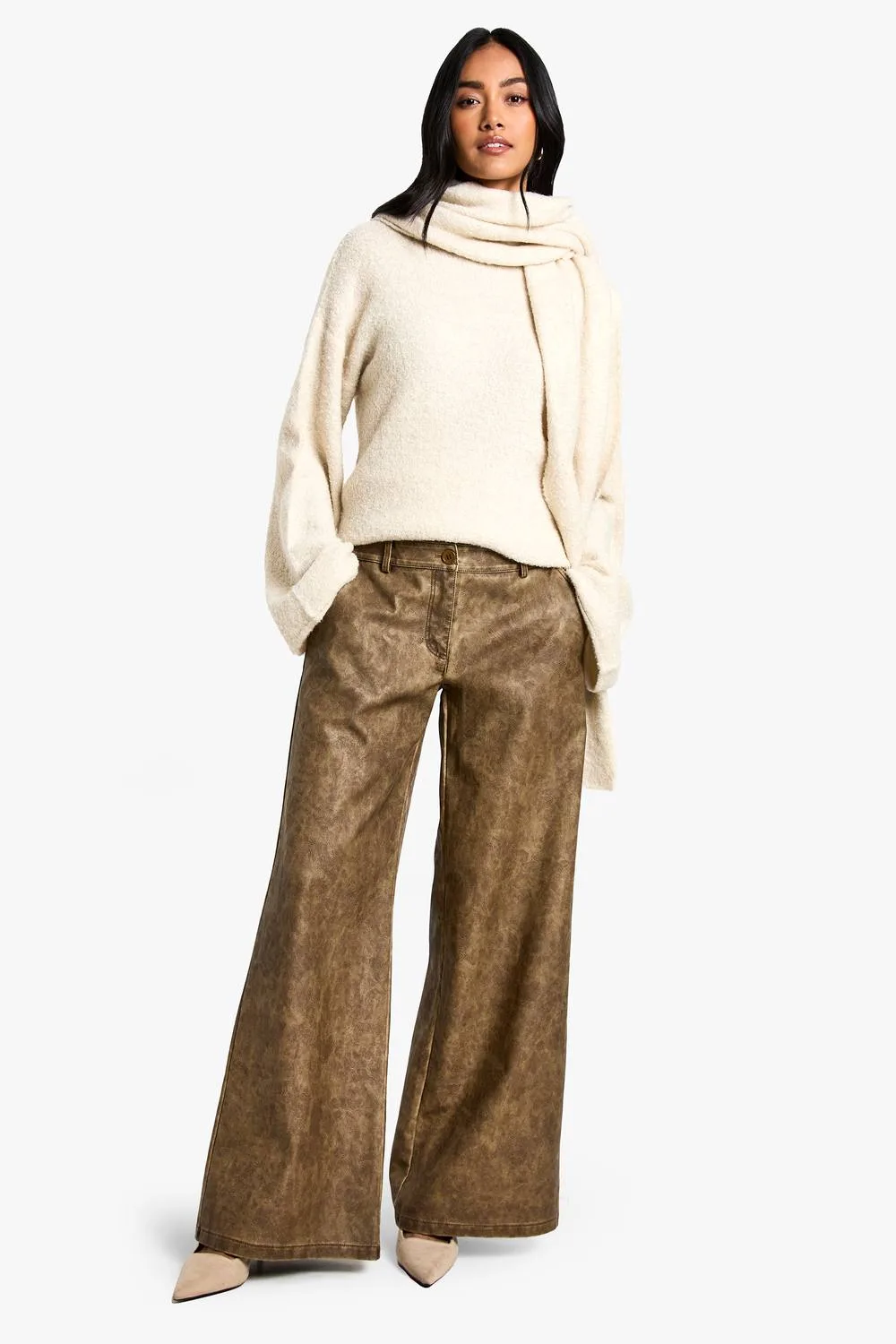 Low Rise Washed Leather Look Wide Leg Trouser by boohoo