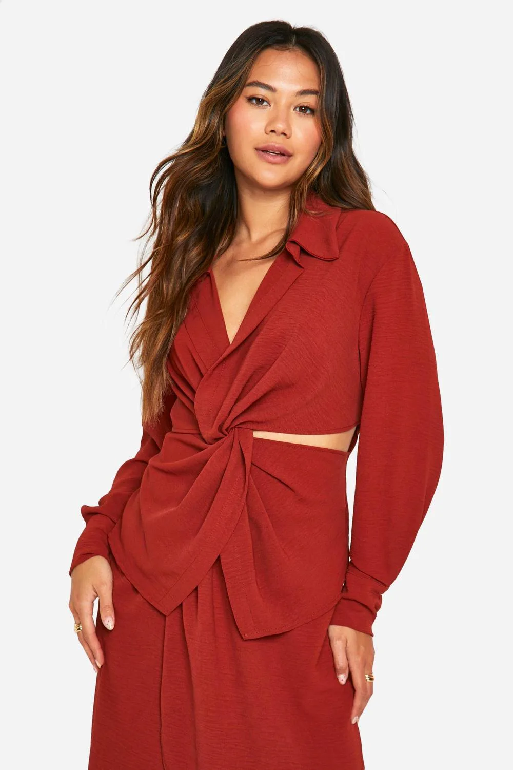 Hammered Cut Out Waist Longline Shirt by boohoo