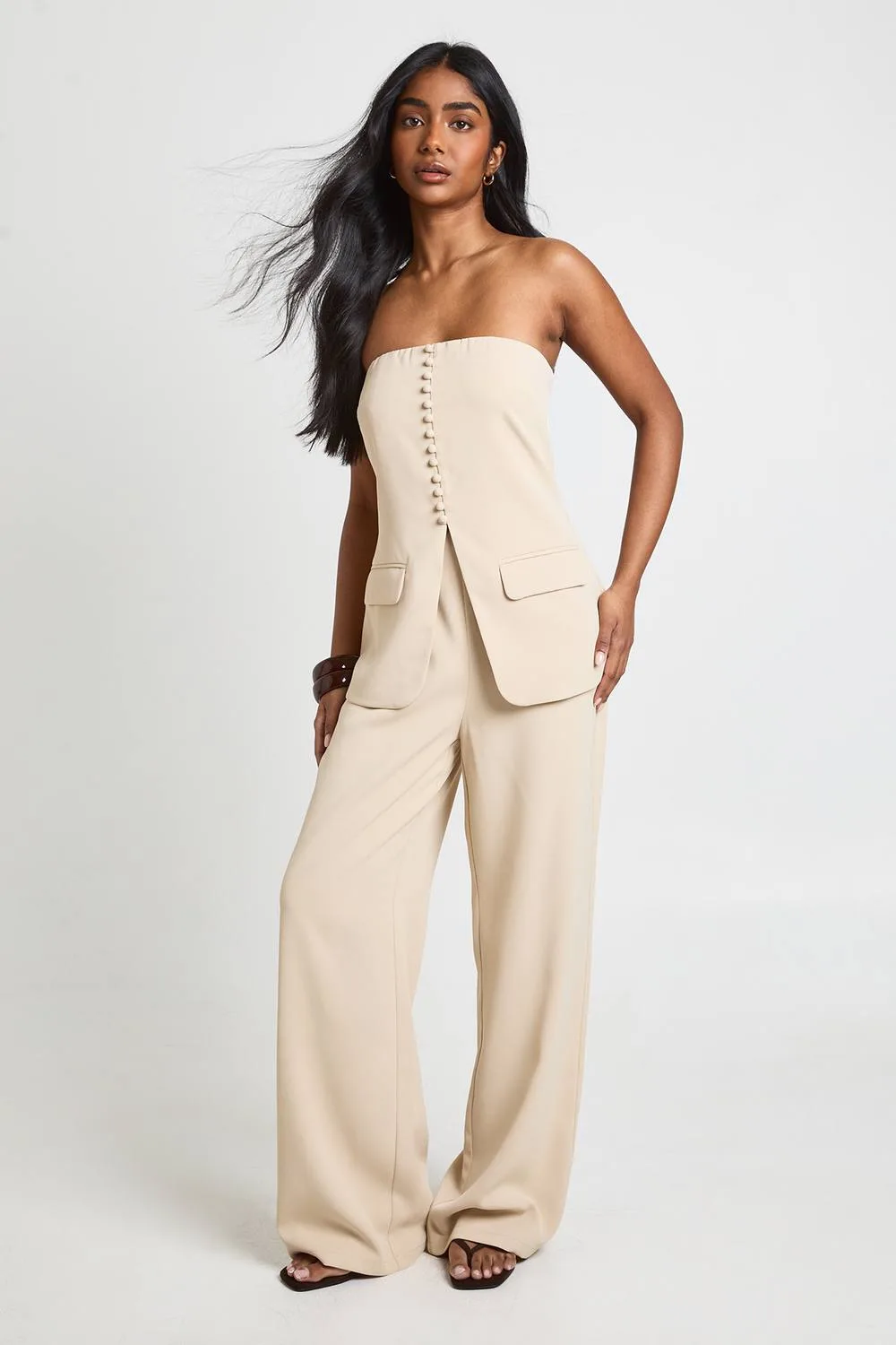 Tailored Bandeau Wide Leg Jumpsuit - Stone by boohoo