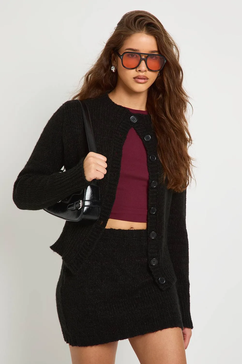 Crew Neck Knitted Cardigan & Mini Skirt by boohoo