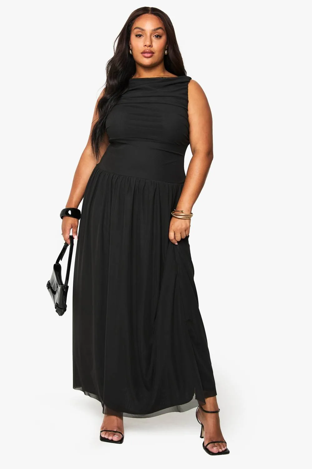 Mesh Ruched Drop Hem Maxi Dress by boohoo