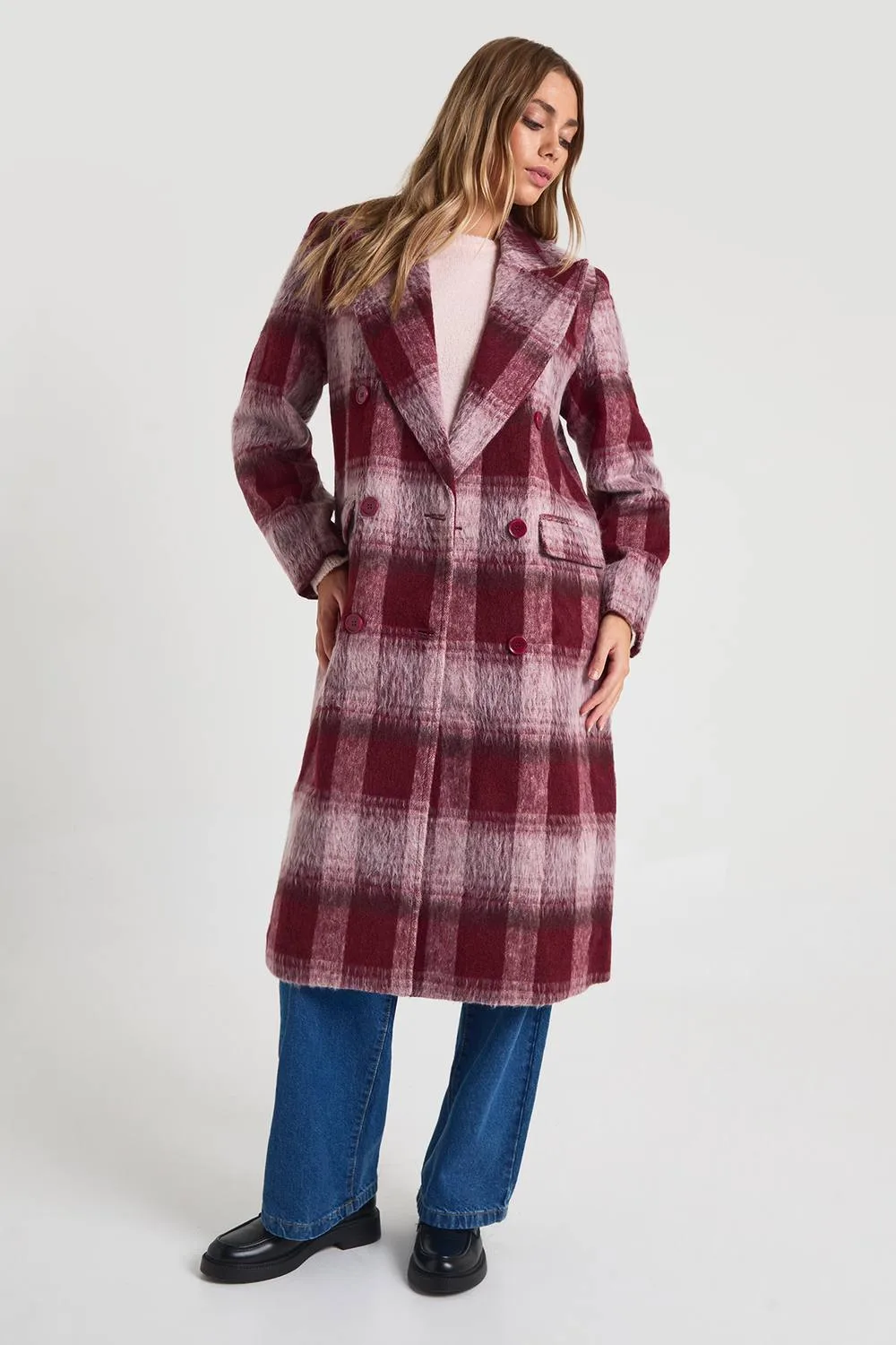 Check Oversized Double-Breasted Coat by boohoo