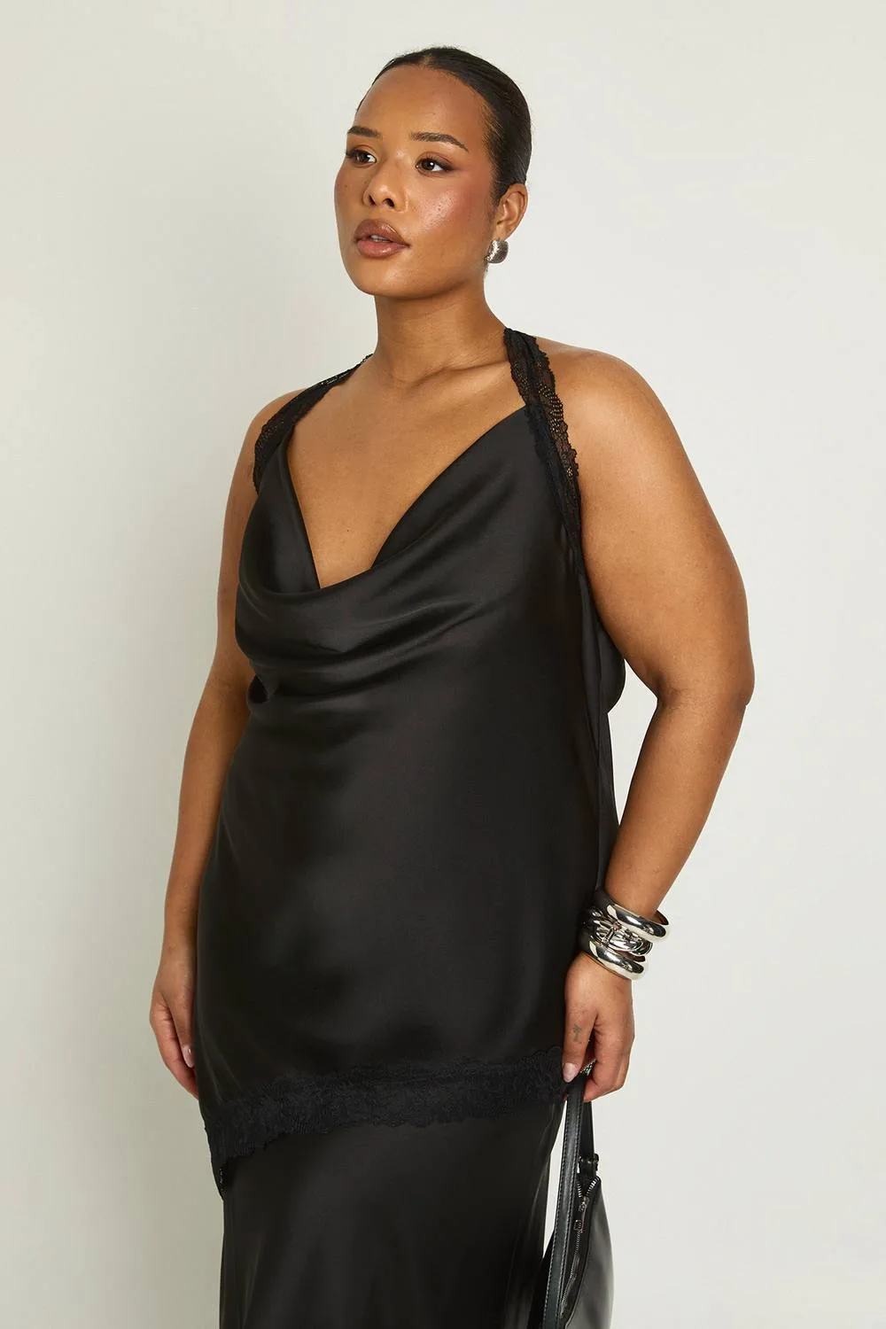 Satin Lace Trim Asymmetric Cowl Neck Top by boohoo