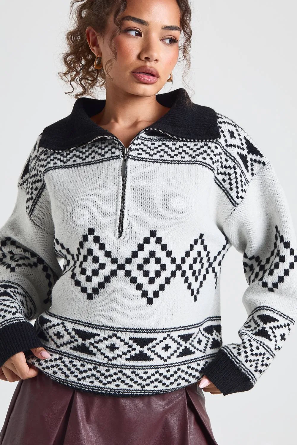 Half Zip Aztec Print Oversized Jumper by boohoo