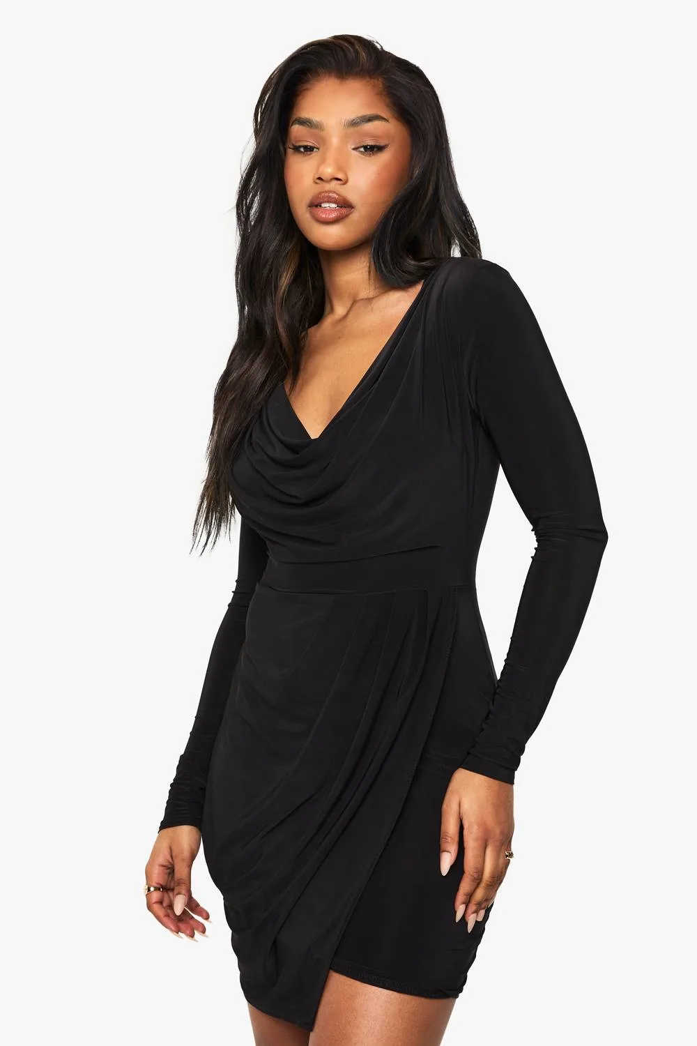 Slinky Ruched Wrap Mini Dress by boohoo