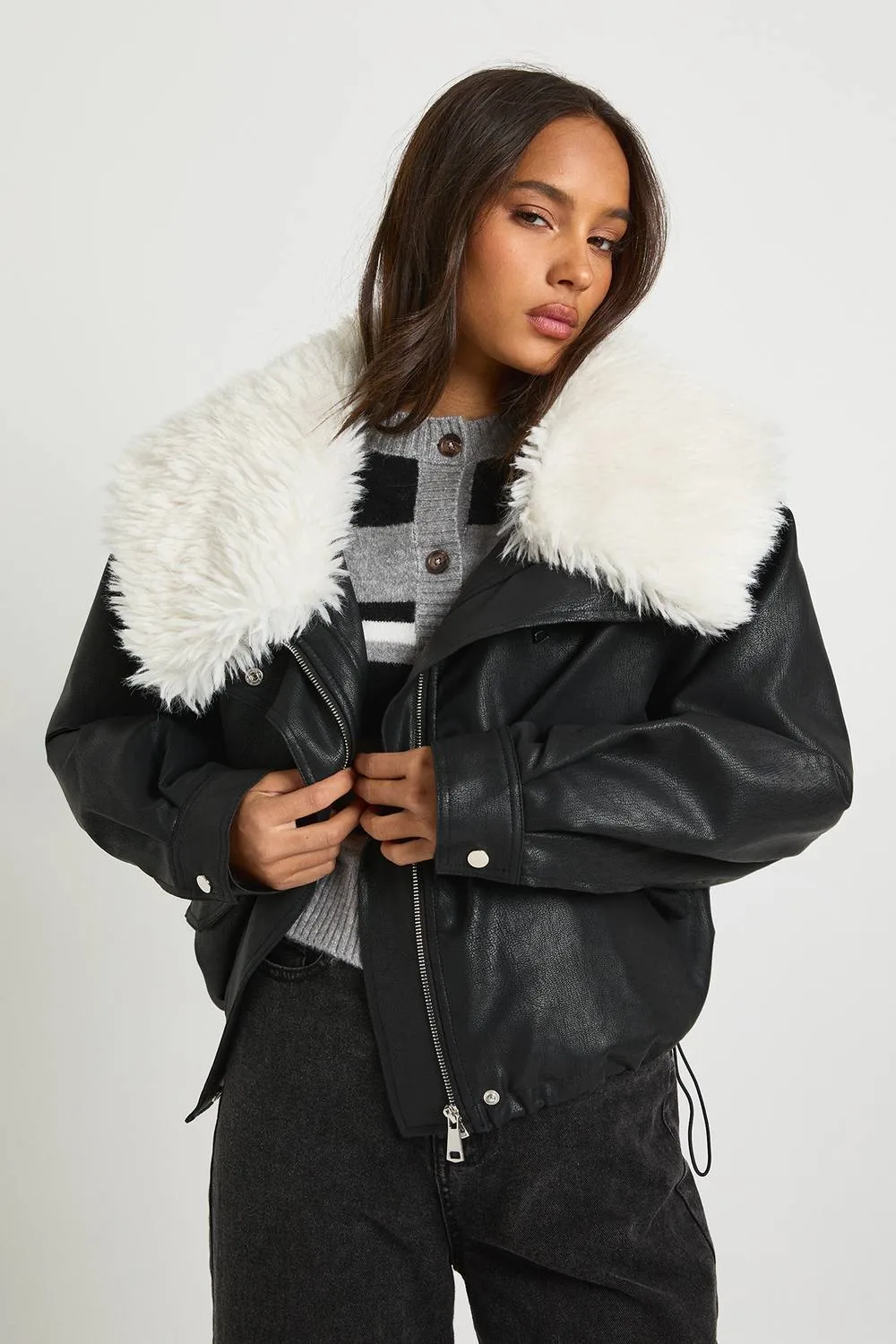 Fur Collar Short Pu Jacket by boohoo