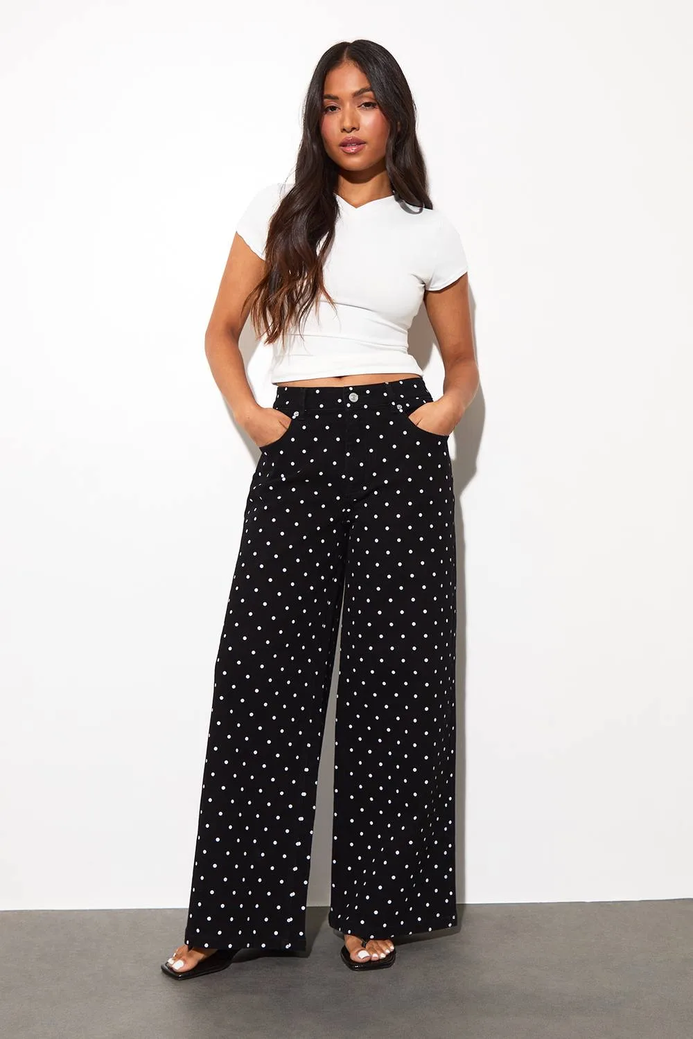 The Petite Polka Dot Mid Waist Wide Leg Jean by boohoo