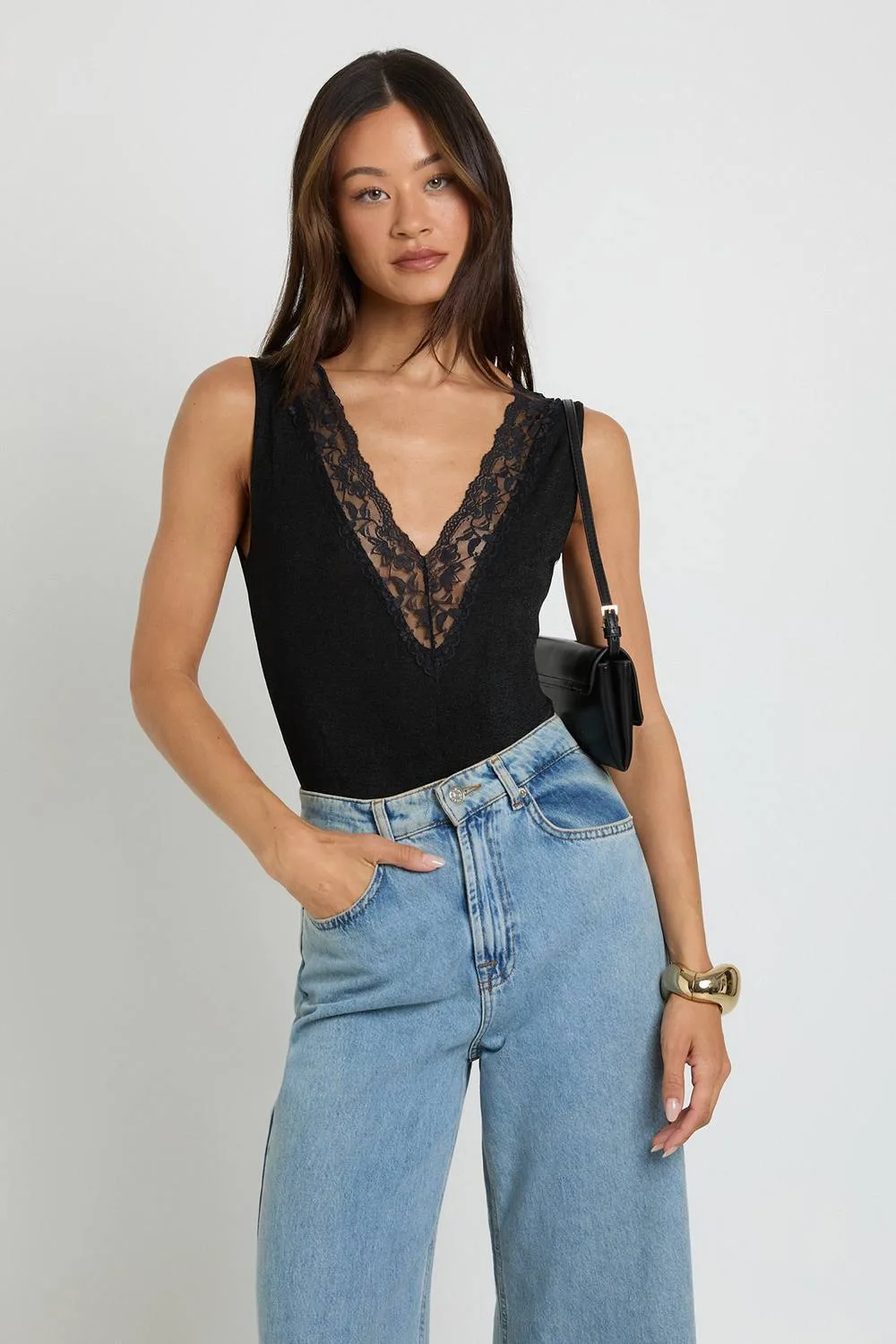 Lace Trim V Neck Bodysuit by boohoo