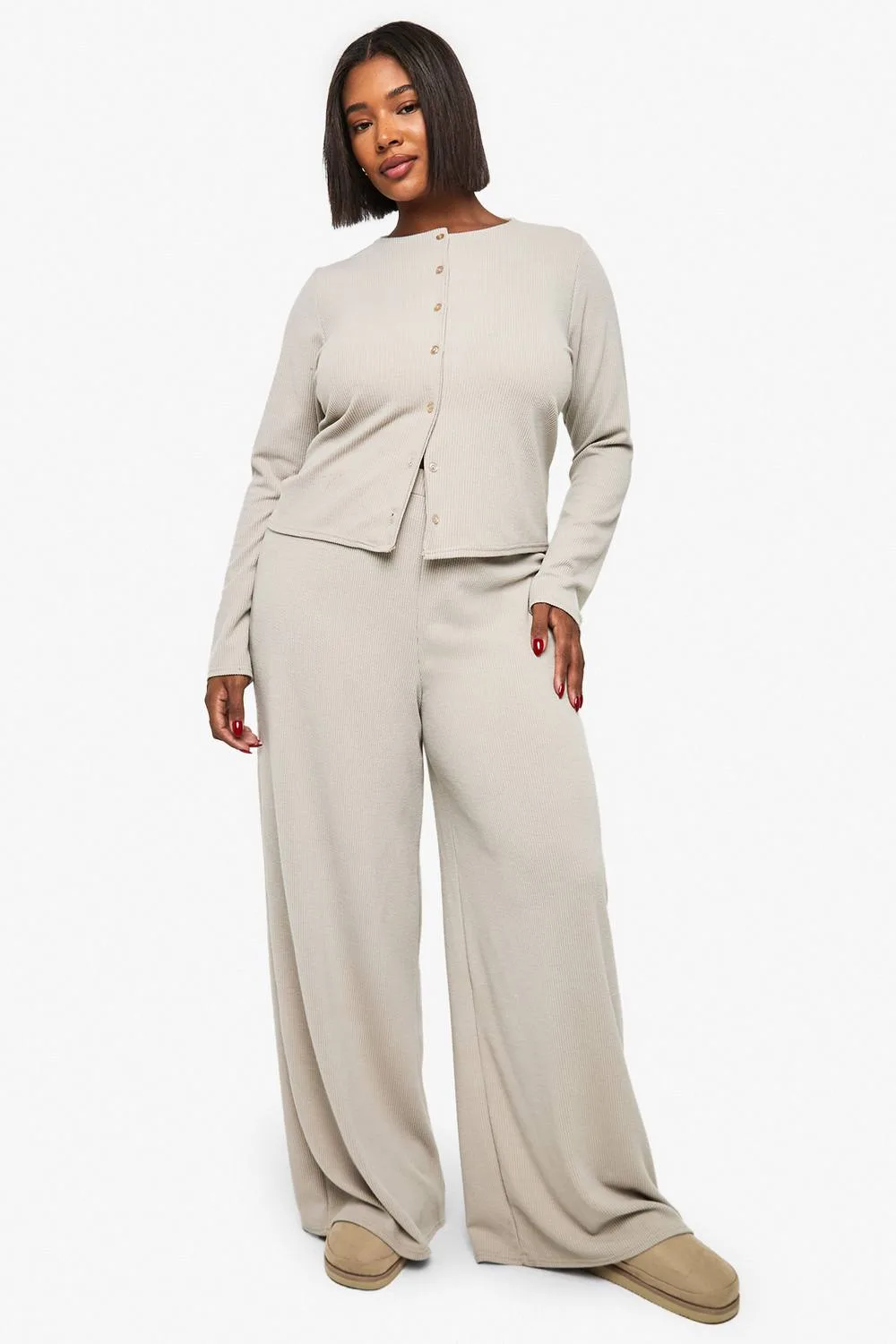 Rib Button Cardigan Sleeve Top & Trouser Co-Ord by boohoo